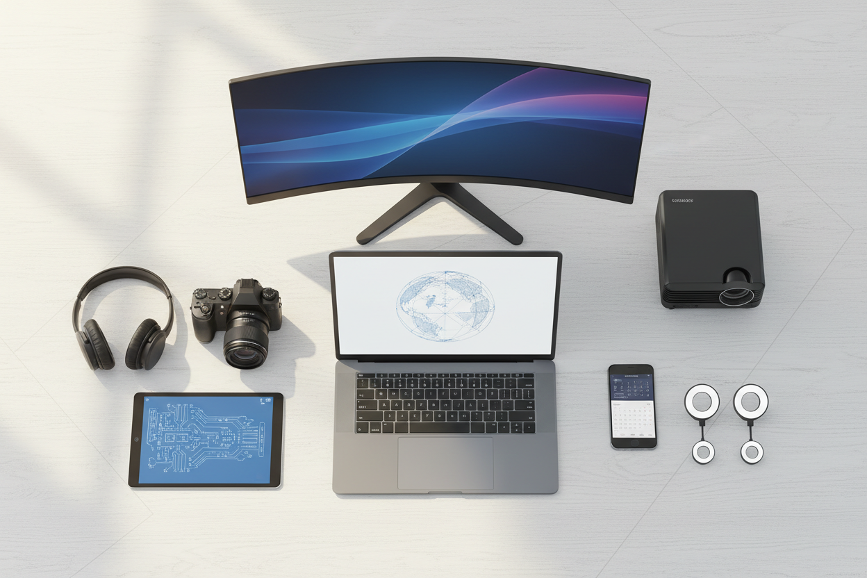 je veux un fond illustration de la technologie et des gadgets de l'essentiel du bureau avec ordinateur portable un casque une camera une tablette un moniteur de téléphone portable des mini ring light et projecteur